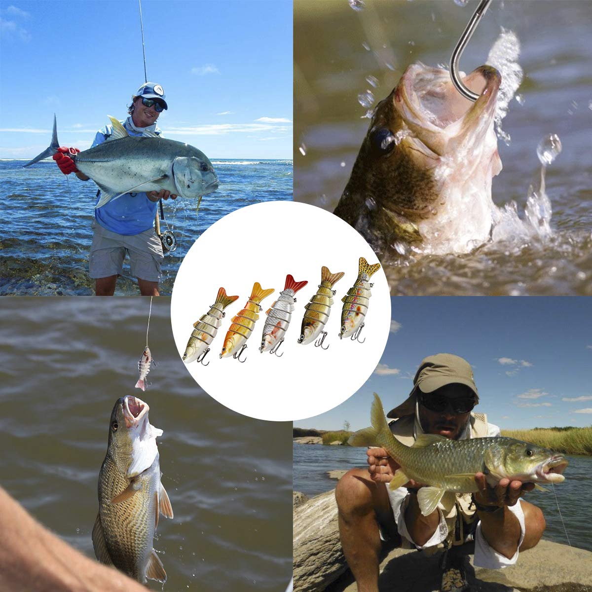 Kit De Leurres Articulés PFativant – 5 Pièces, 10 Cm, Flottants, Hameçons Mustac, Coulée Lente 1-2 M