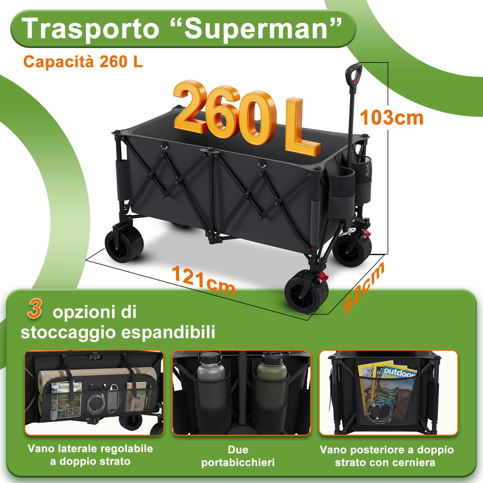 Devoko 260L carrello spiaggia 200kg carrello con ruote portatutto grandi,carrellos pieghevole Con Braccioli Regolabili e Tasche Laterali per Giardino Campeggio all'aperto Ogni Tipo di Terreno, Nero