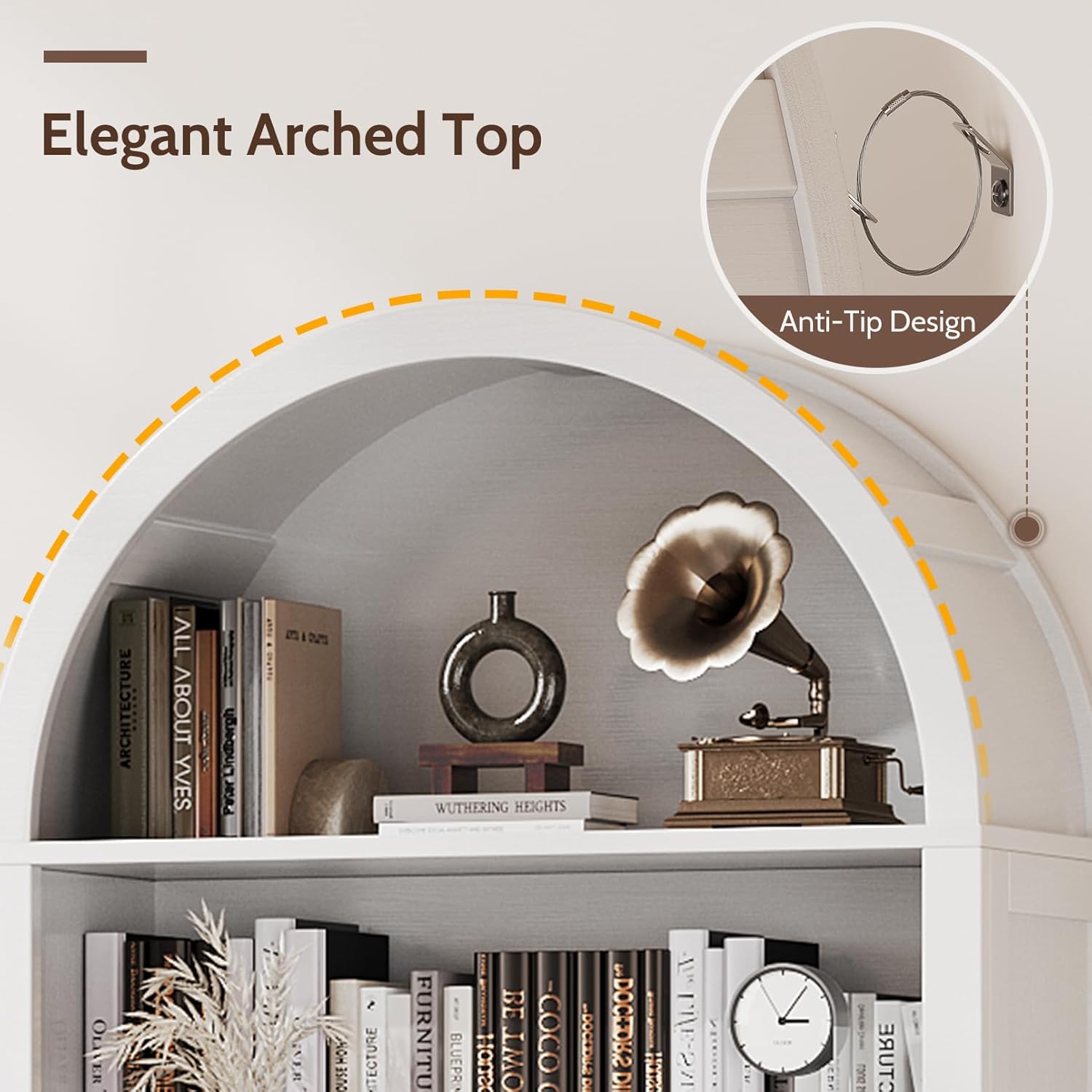 6-Tier Farmhouse Arched Bookcase with Doors, 70" Tall Wood Bookshelf with Storage,Open Shelves for Living Room or Office, White, 2-Pack