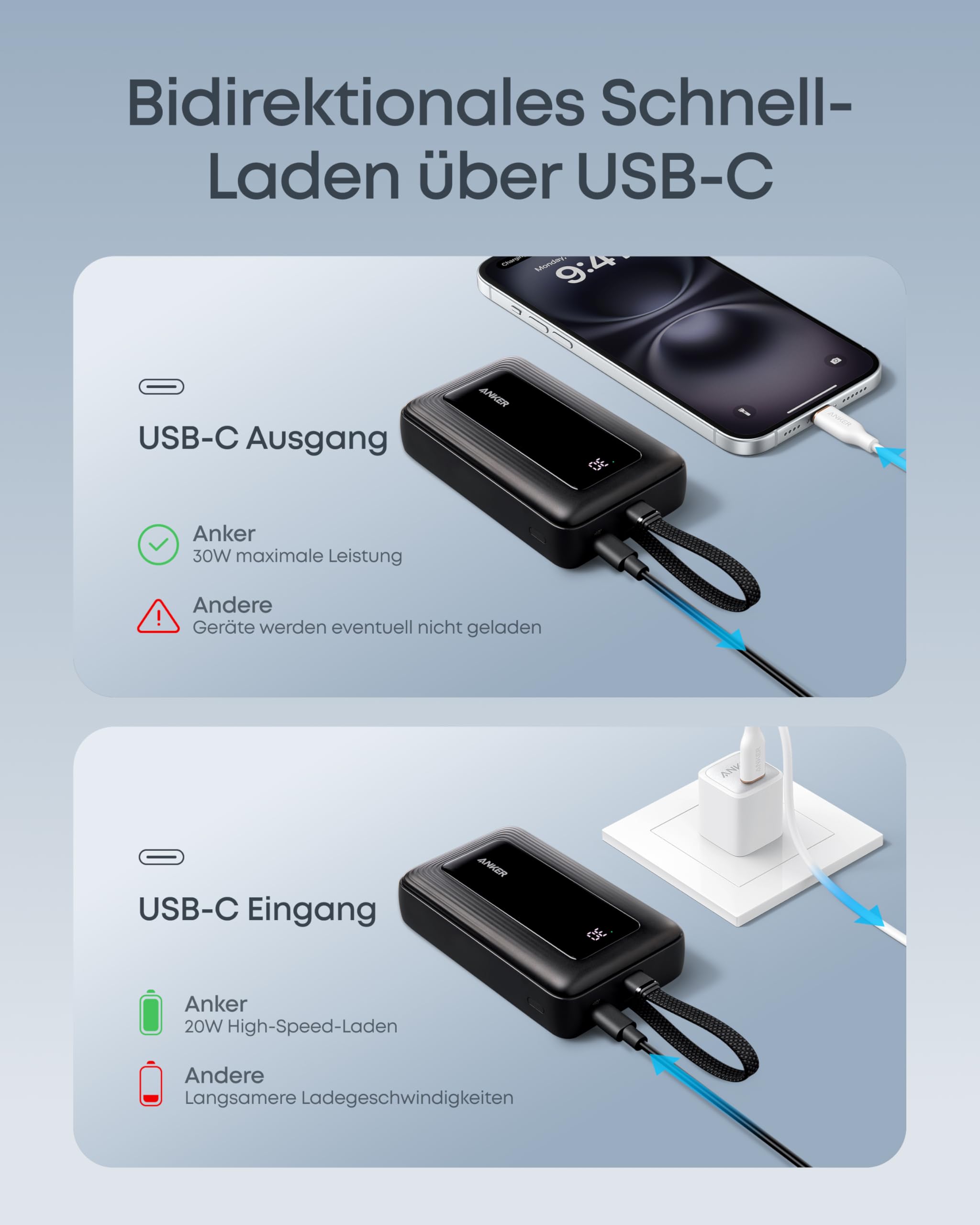 Anker portables Ladegerät, 10.000mAh 30W Powerbank, USB-C In und Out, Akkupack, Powerbank für Reisen, für iPhone 17/16/15/14/13, iPad, MacBook, Galaxy, Google und mehr