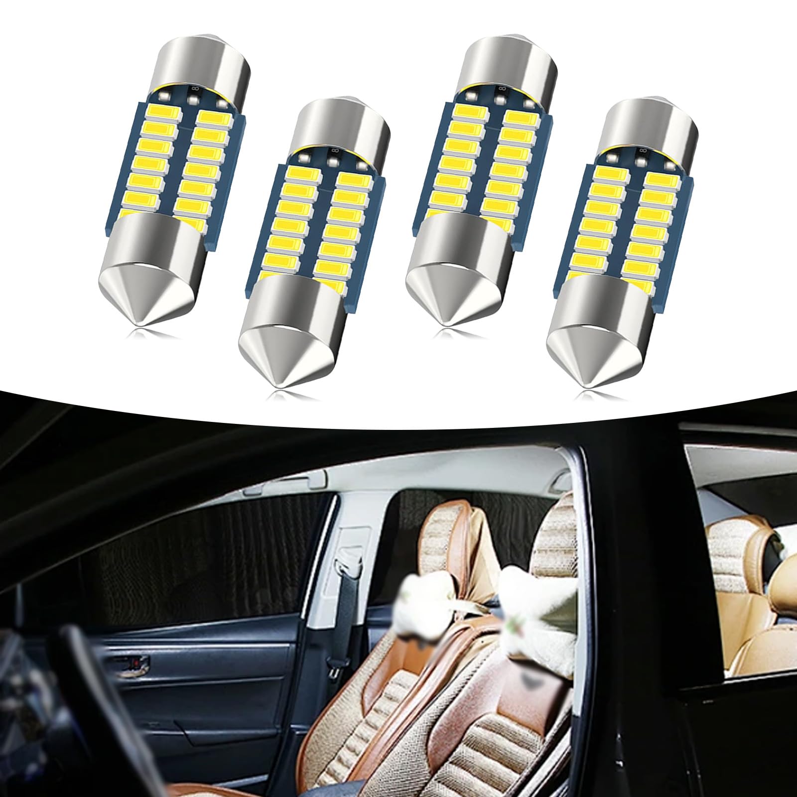 4 PCS Car 31mm LED Bulb, DE3175 DE3023 6428 6430 7065 LED 6000K Double Pointed Roof Reading Light License Plate Light, 360° Surround Luminous Design, Universal for Car Interior Light (White)
