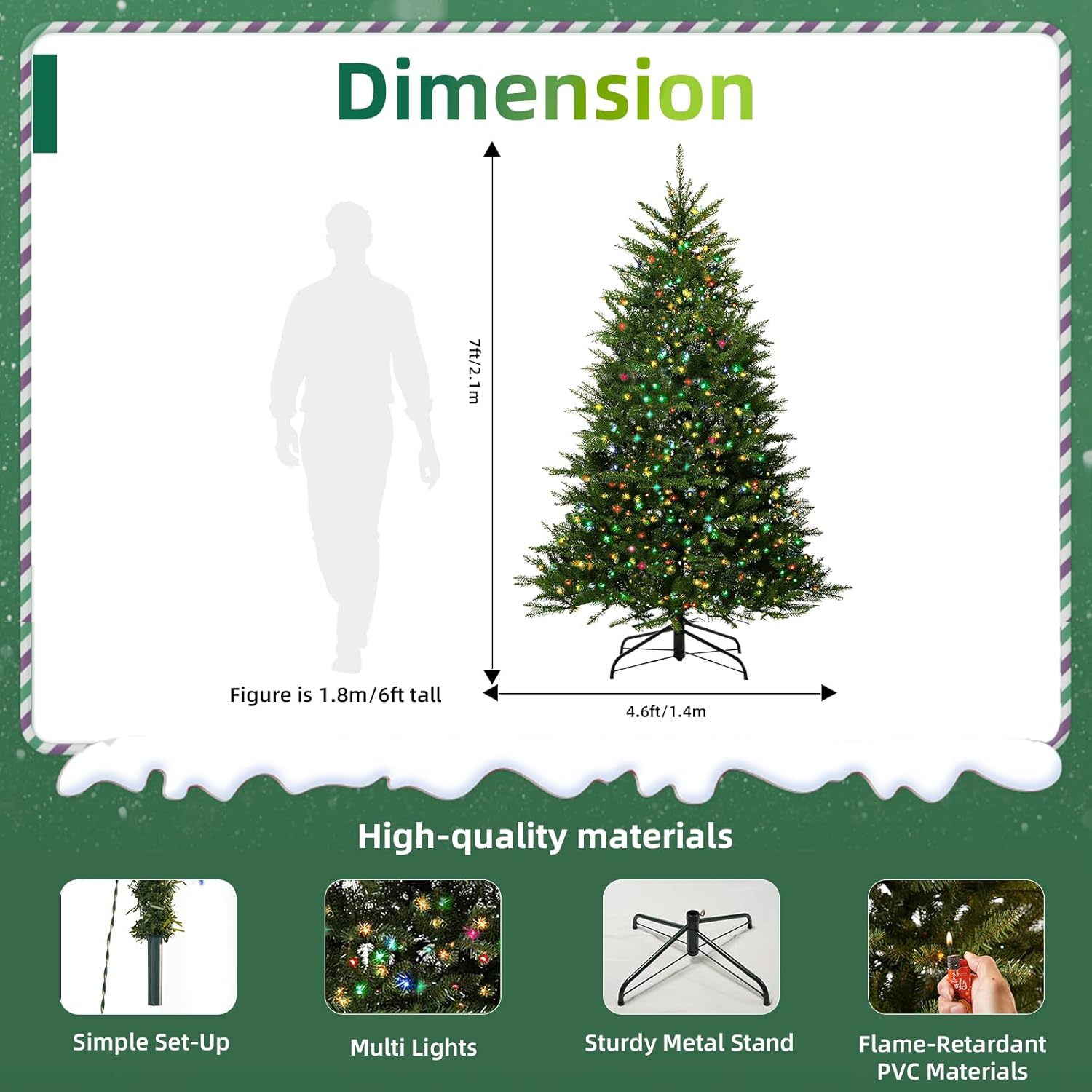 7FT Pre-Lit Artificial Christmas Tree with 700 Pre Lit Multicolored Lights, 2144 PVC Branch Tips,Green Dunhill Fir Xmas Tree, Foldable Metal Base for Home, Party Holiday Décor
