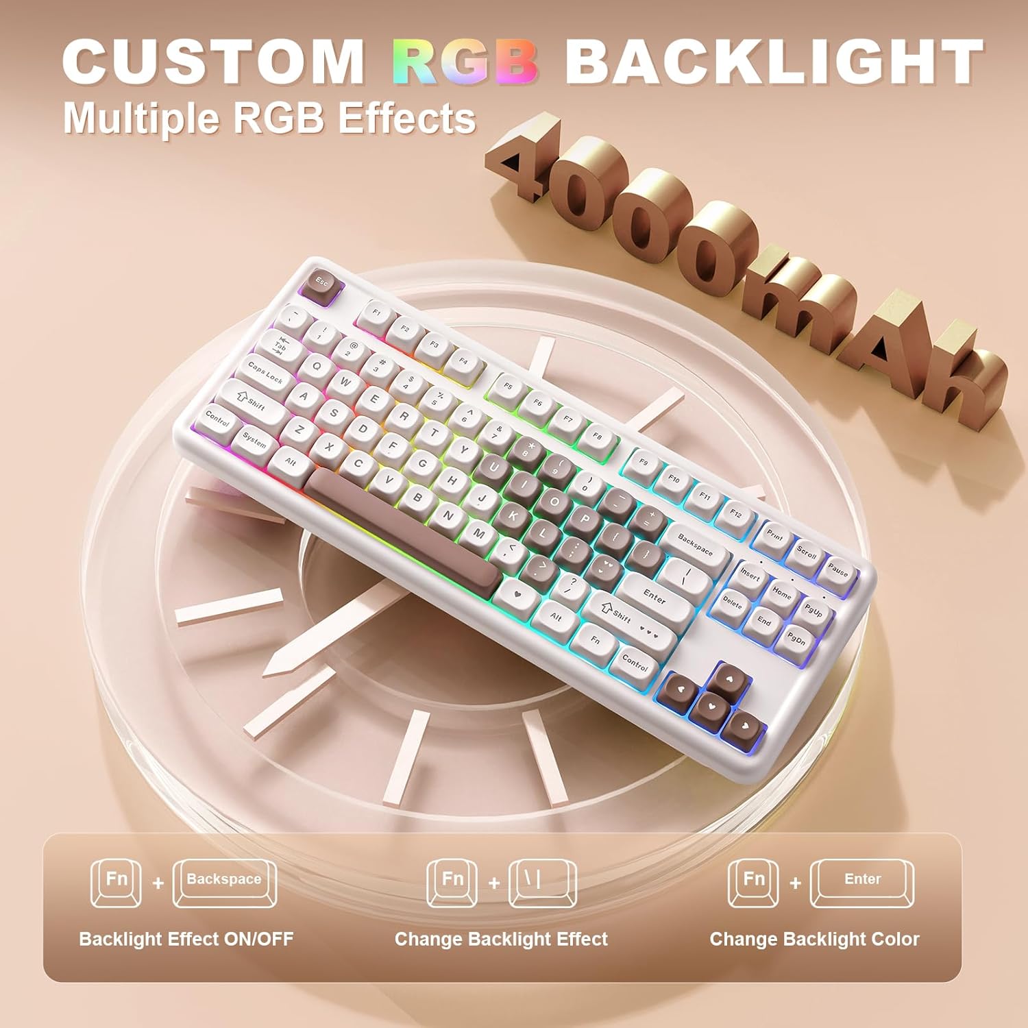 YUNZII B87 Wireless Mechanical Keyboard,QMK/VIA Programmable,TKL Layout 87 Keys,BT/2.4G/USB-C,Hot Swap Gasket Mount RGB Backlit Gaming with Wrist Rest for Win/Mac (Brown Heart, Milk V2) - Image 7