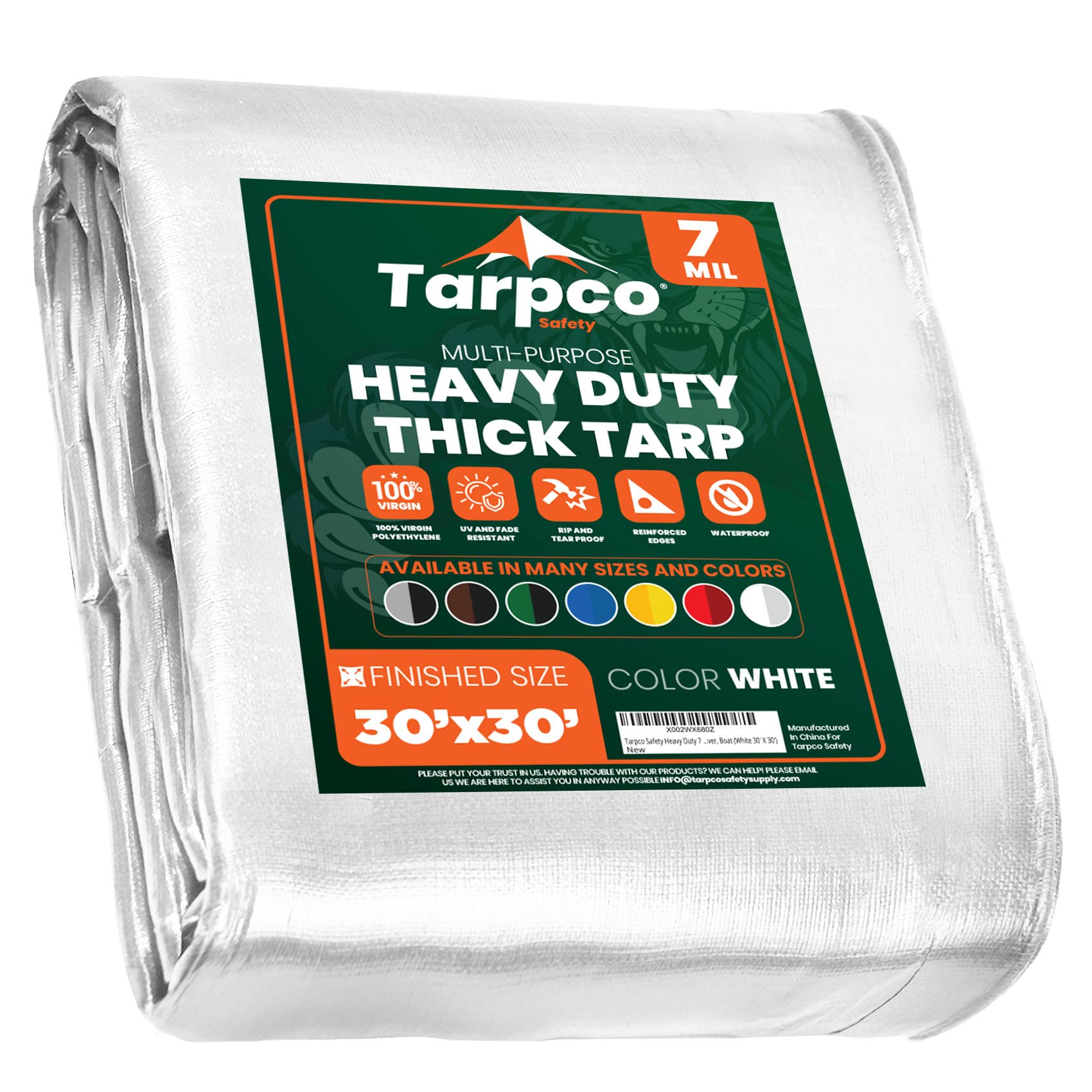 Heavy Duty 7 Mil Tarp Cover, Waterproof, UV Resistant, Rip and Tear Proof, Poly Tarpaulin with Reinforced Edges for Roof, Camping, Patio, Pool Cover, Boat (White 30′ X 30′)