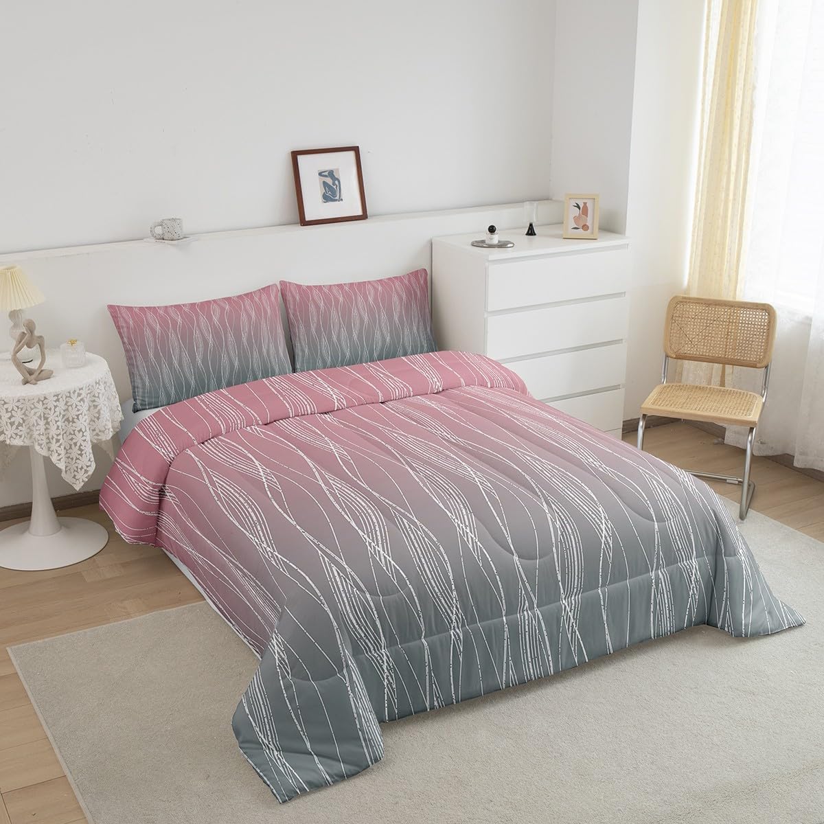 Erosebridal Pink Grey Girls Twin Comforter Set Kids Abstract Ombre Comforter Light Pink Gray Gradient Bedding Set Geometric Silver Striped Quilt Set Girly Sweet Bedroom Decor 2 Pcs