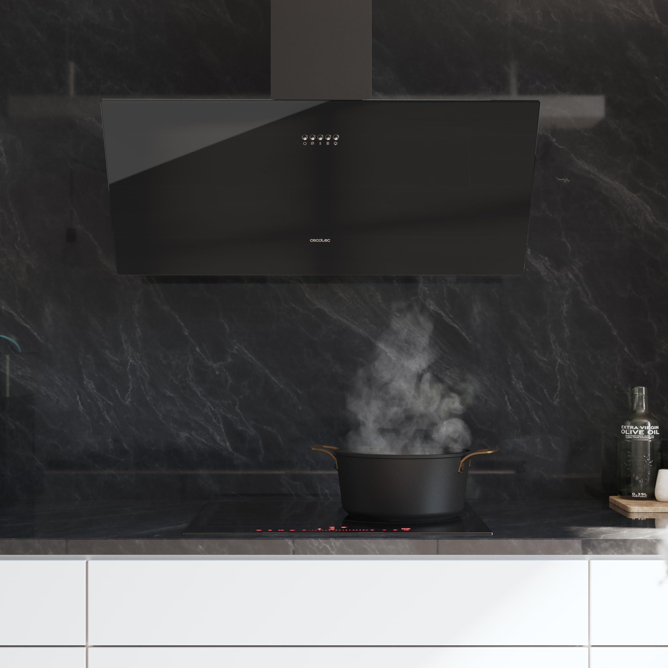 Cecotec Cappa Decorativa 90 cm Bolero Flux DM 906500 Glass Black A. Motore 165W, Basso Consumo, Fronte Vetro Nero, Aspirazione 650m³/h, Controllo Meccanico, 3 Livelli Potenza, Filtro a Carboni Attivi