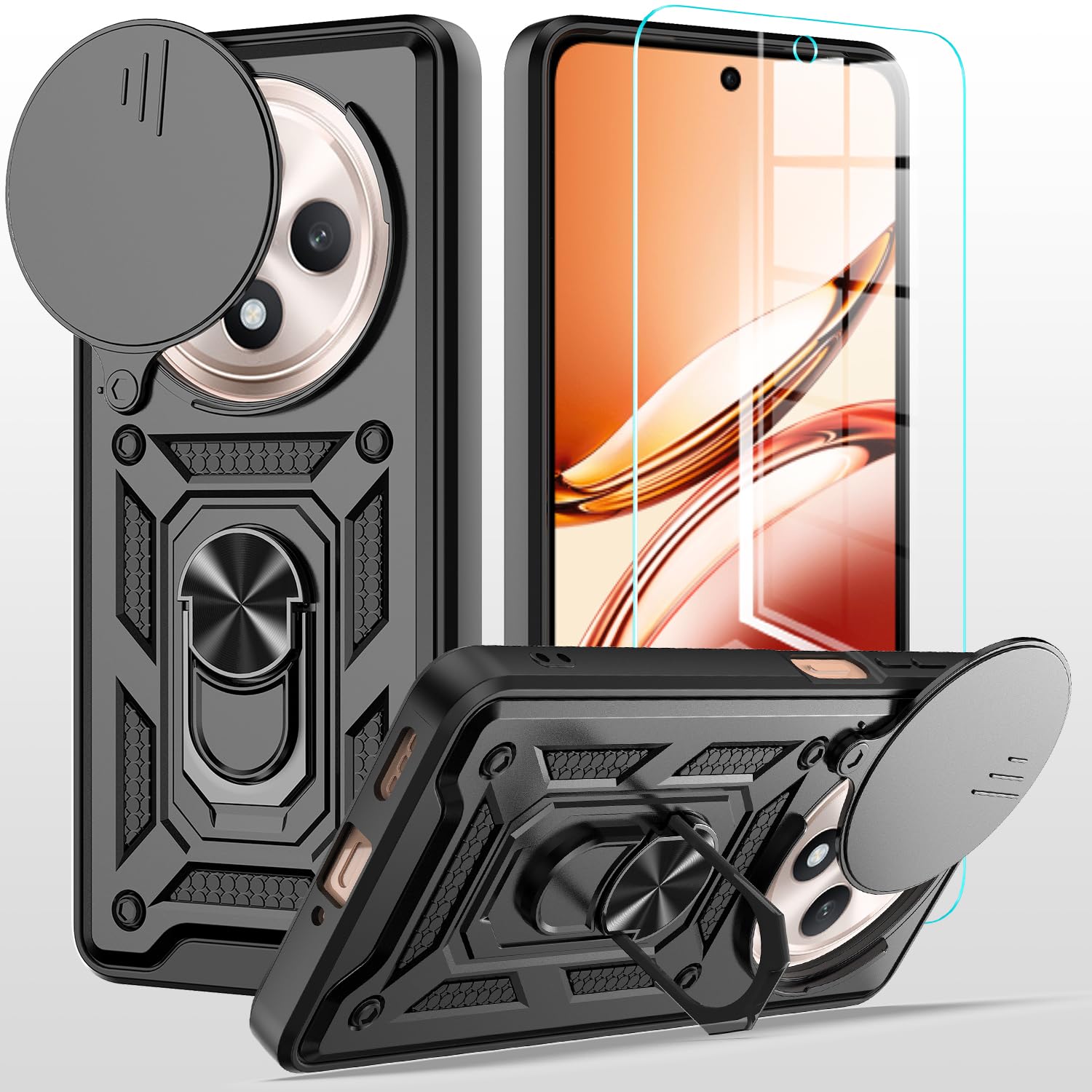 OPPO Reno 12 F Case With Tempered Glass Screen Protector, Heavy Duty Military-Grade Shockproof Cover