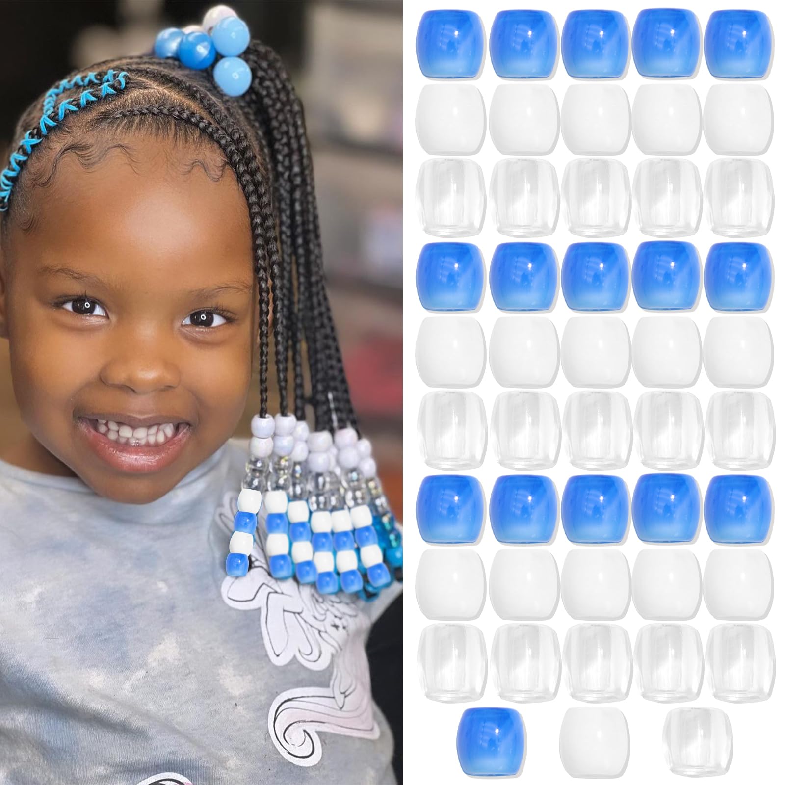 VENOFEN 48PCS Hair Beads for Braids - Blue & Clear Acrylic Loc Beads - Cute Braids Accessories