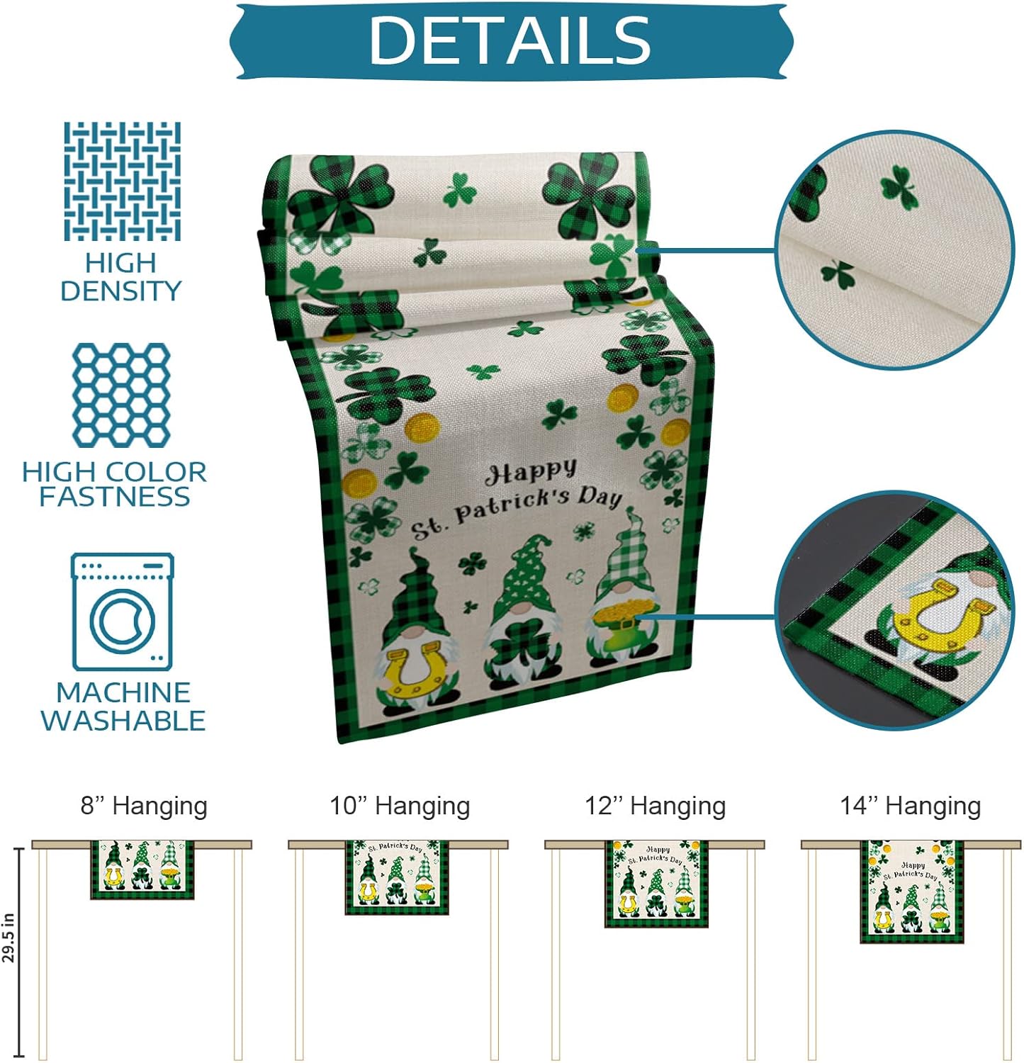 St. Patrick's Day Table Runner 18x72inch, Decorative Cotton Linen Tablerunner Dresser Scarf for Home Kitchen Dining Holiday Wedding Party, Easy to Clean - Green Plaid Gnomes Lucky Shamrocks