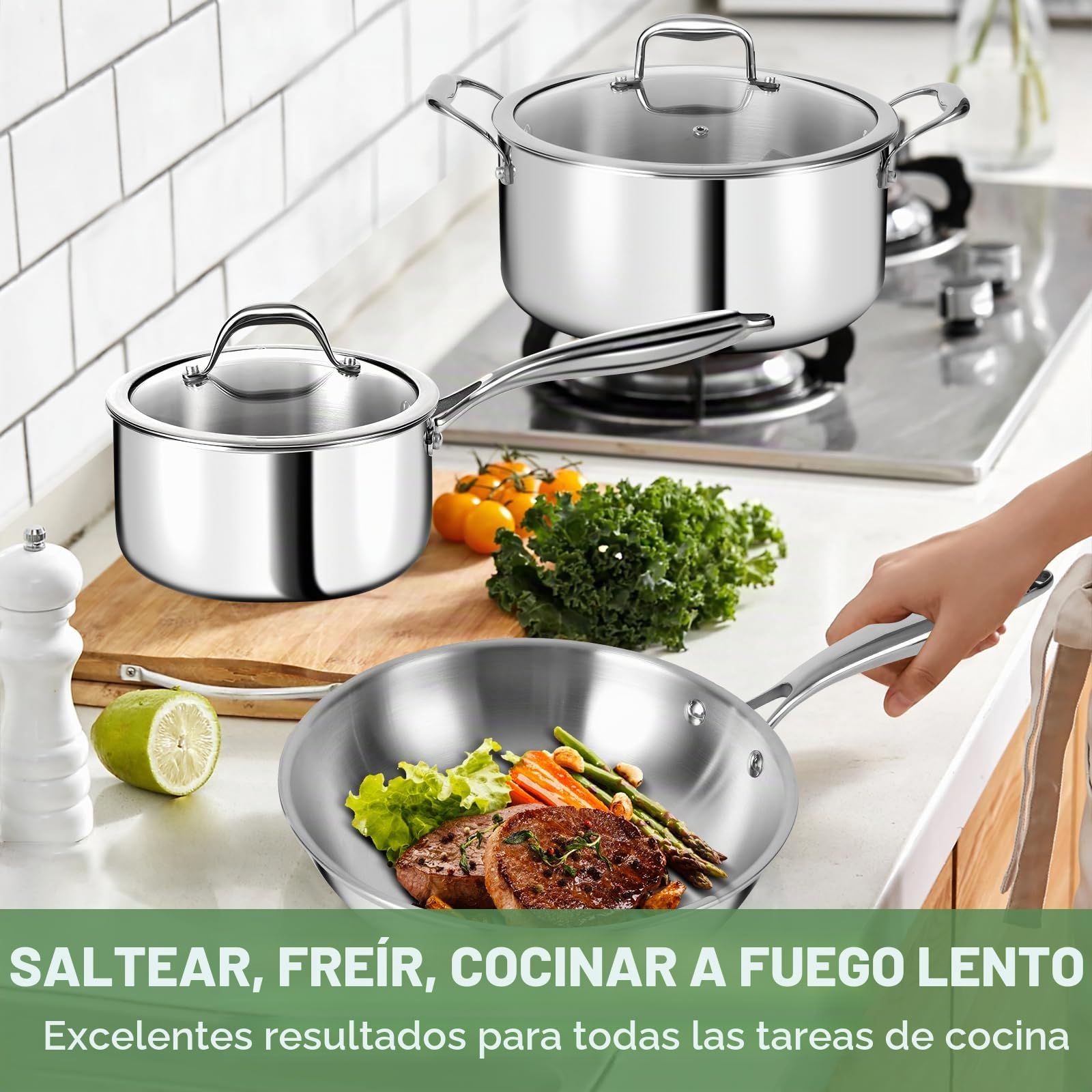EWFEN Juego de utensilios de cocina de acero inoxidable de 3 capas con tapas, ollas y sartenes, no tóxico, inducción, horno, lavavajillas, calidad profesional