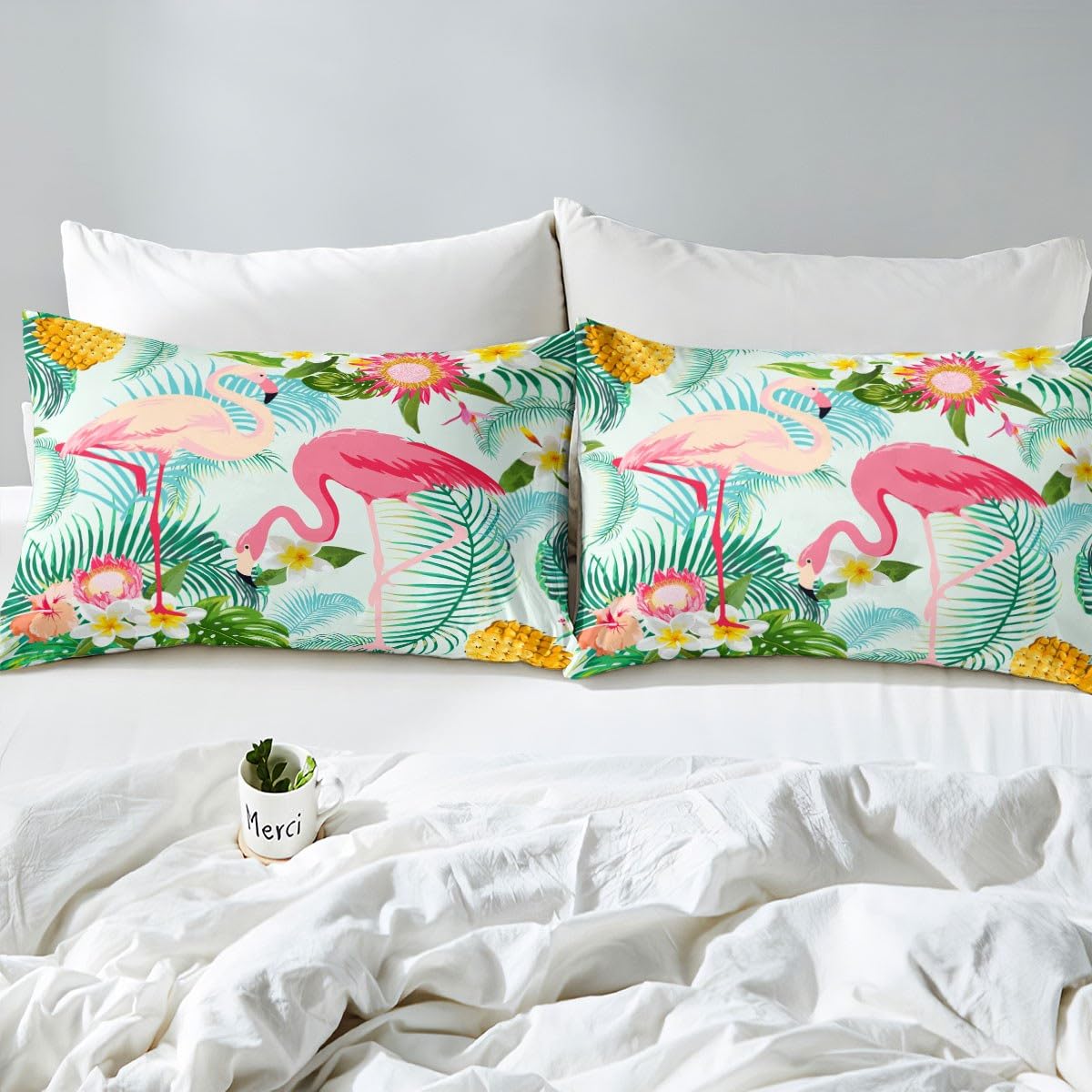 Copripiumino Fenicottero Tropicale - Set Blu E Rosa Con 2 Federe, Microfibra, Per Letti Singoli/Doppi - Foto 4