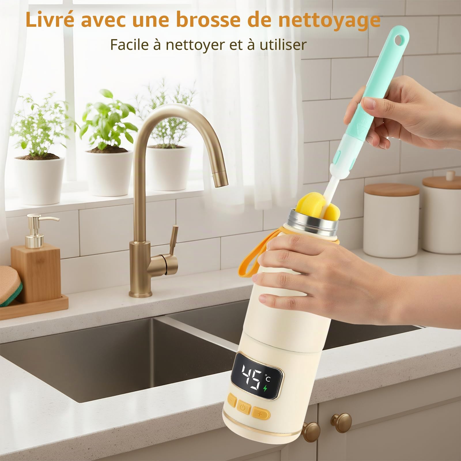 Chauffe Biberon Nomade sans Fil pour Lait Maternel, Chauffage Rapide Lait & Eau, 24h Thermos, Température Réglable 37-55°C, Chauffe-Biberon Portable pour Voyage, 450mL Type-C Rechargeable