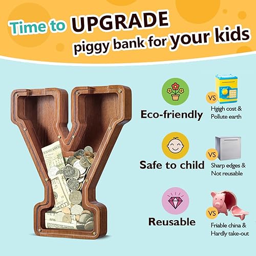 Miniatura 533 de SummiDate Alcancía de madera con nombre, niños y niñas, tamaño grande, letras alfabeto A-Z, monedas y billetes, inicial en cubierta transparente