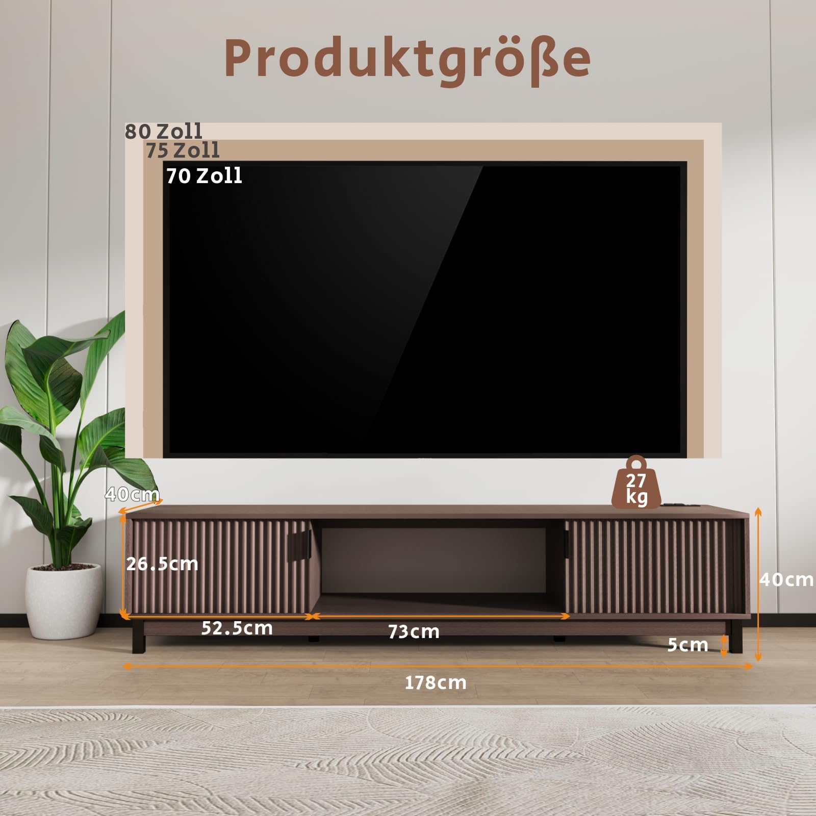 178 cm TV Lowboard für Fernseher bis 80 Zoll, TV Board mit Steckdose & USB-Anschluss, Modernes TV Schrank mit 2 Türen und Offenen Fächern, Braun