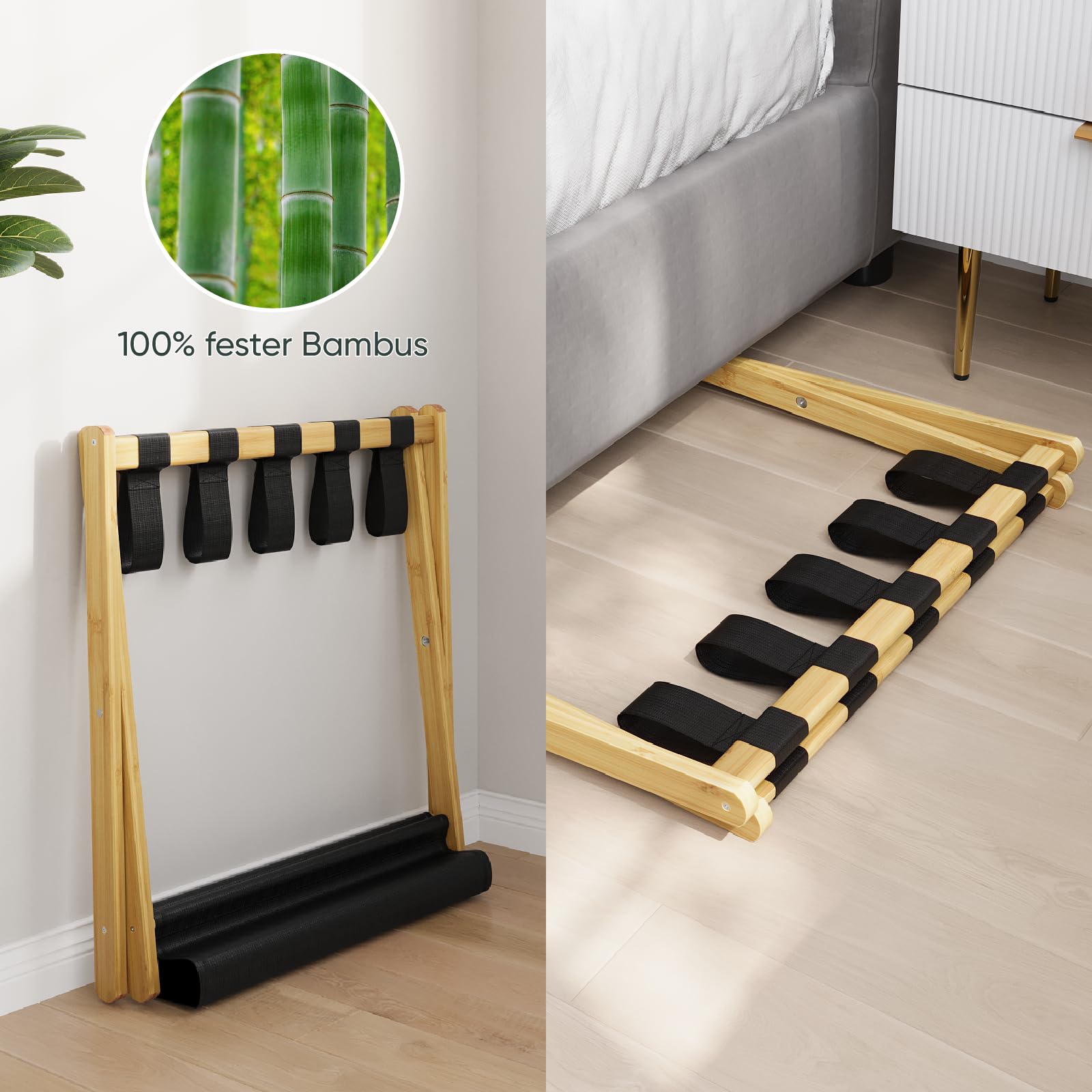 Smart FENDEE Bambus Kofferständer, Faltbarer Gepäckträger mit Stoffablage, Geeignet für die Meisten Gepäckgrößen, Hält bis zu 59 kg, Ideal für Gästezimmer, Hotel, naturfarbe