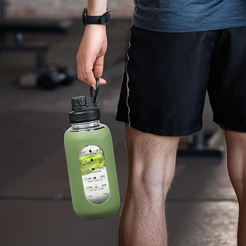 Miniatura 7 de Botella de agua de vidrio de 40 onzas con tapa de asa, marcador de tiempo, jarra de agua deportiva motivacional con funda de silicona, botella de