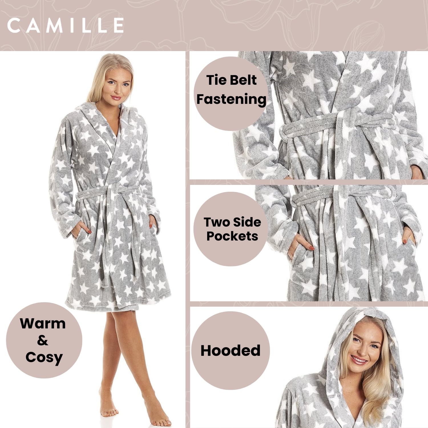 Camille Robe de chambre à capuche en polaire super douce pour femme - Blanc - Longueur genou - Manches longues - Fermeture à ceinture et poches latérales - Gris, gris, 42-44