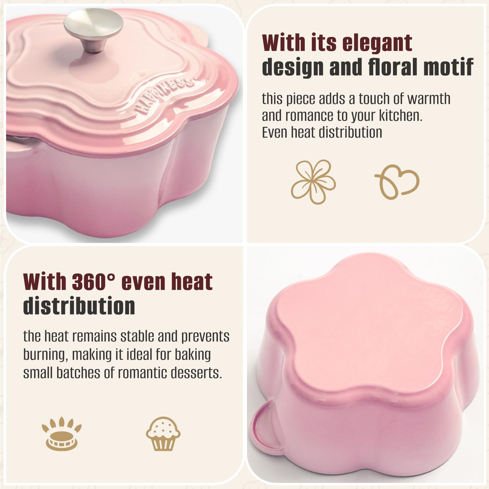 Cocotte à pain en fonte émaillée avec couvercle en forme de fleur pour induction et four, compatible avec différents types de plaques de cuisson, rose