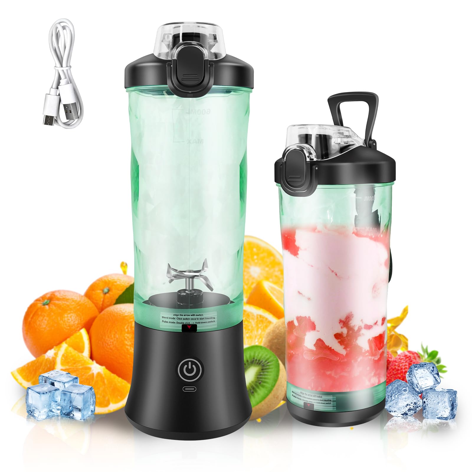 Portable Blender with 600ML Cup, 6 Blades, Leakproof Lid & Sip Spout, Powerful Cordless Mini Blender, Rechargeable, Portable Smoothies, Food Blenders and Liquidisers, 9.5 x 9.5 x 29cm, Black