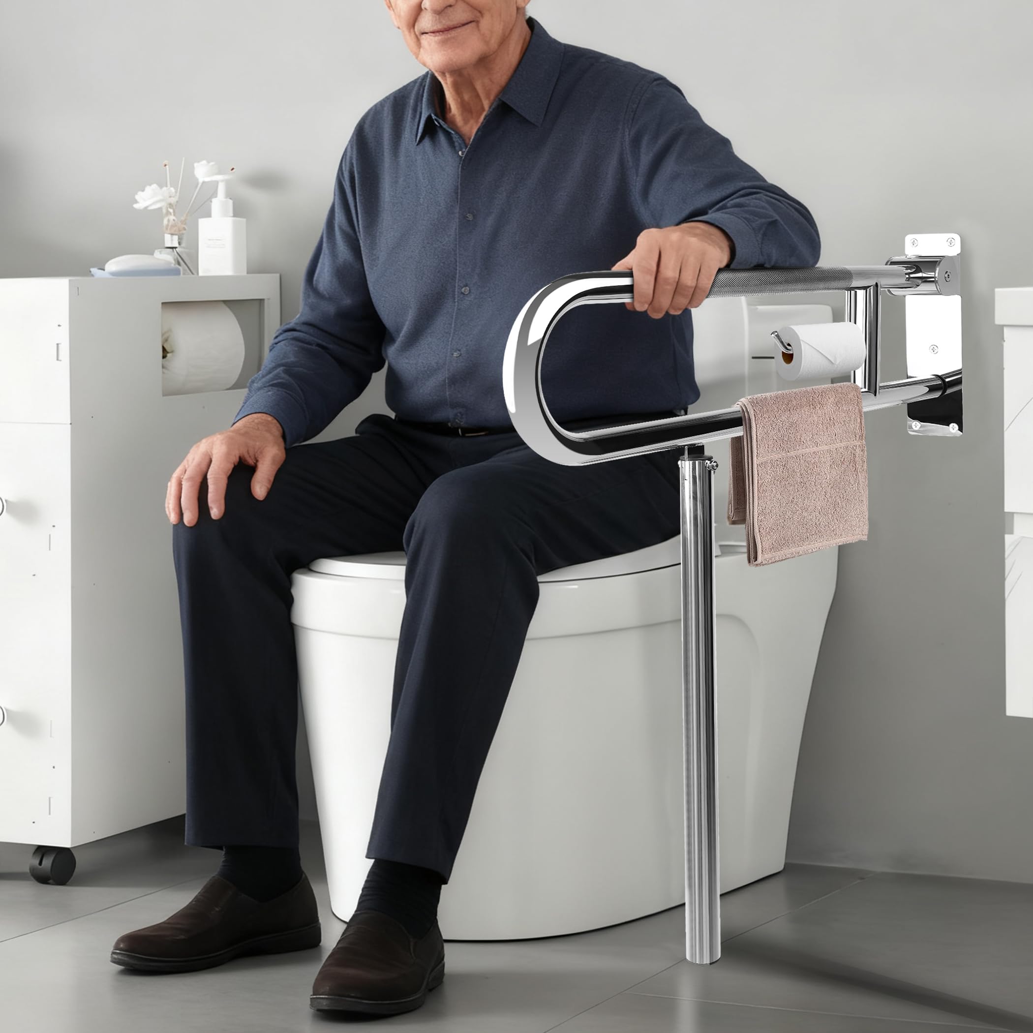 Barra de agarre para discapacitados, 23.6 pulgadas de acero inoxidable de 1.25 pulgadas de diámetro, rieles de seguridad para inodoro para baño con soporte de papel, riel de soporte