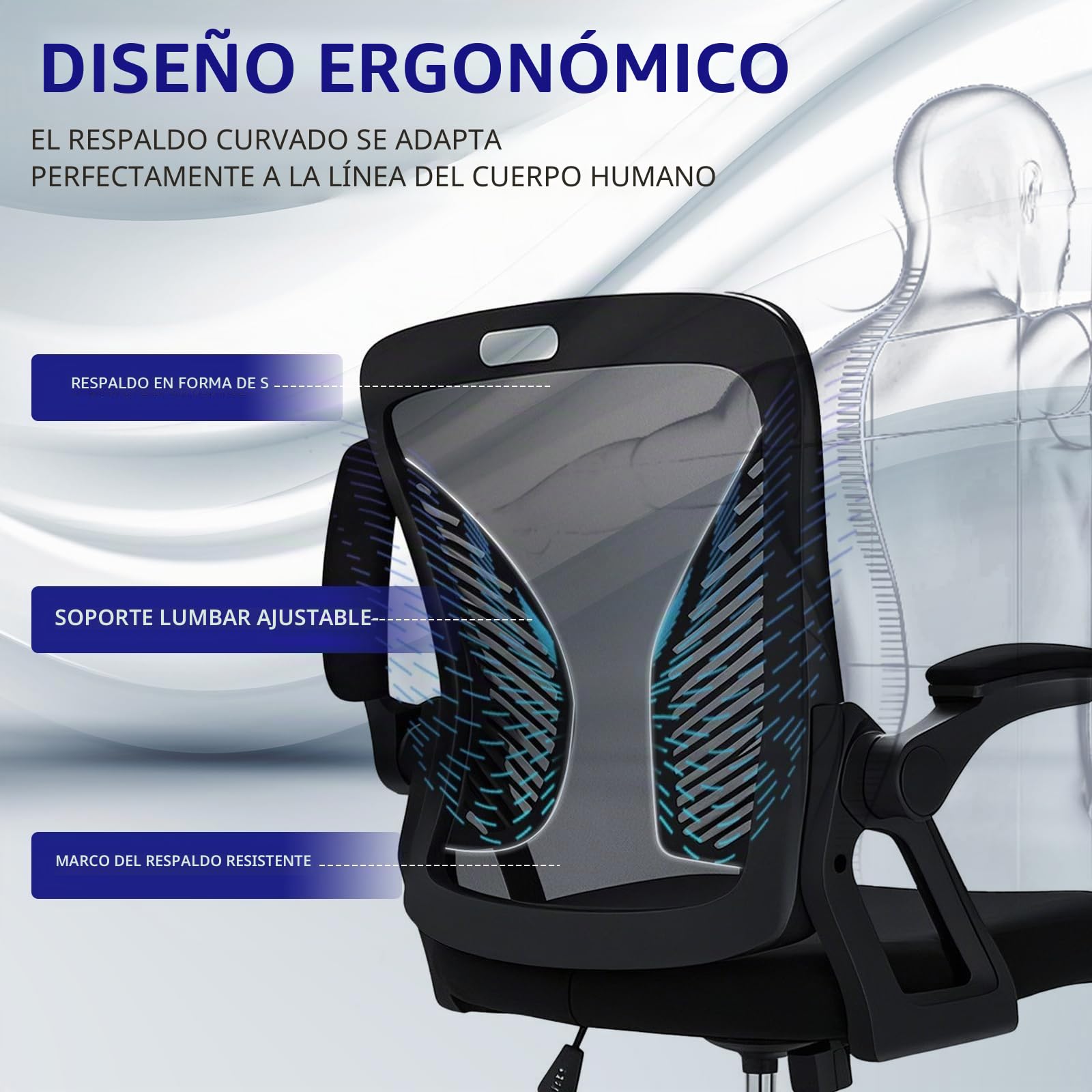Milacyee Silla de Oficina Ergonómica, Reposabrazos Plegables 90°, Soporte Lumbar, 120° Inclinación（No se Puede Bloquear）, Malla Transpirable, 360° Giratoria, 102kg Carga