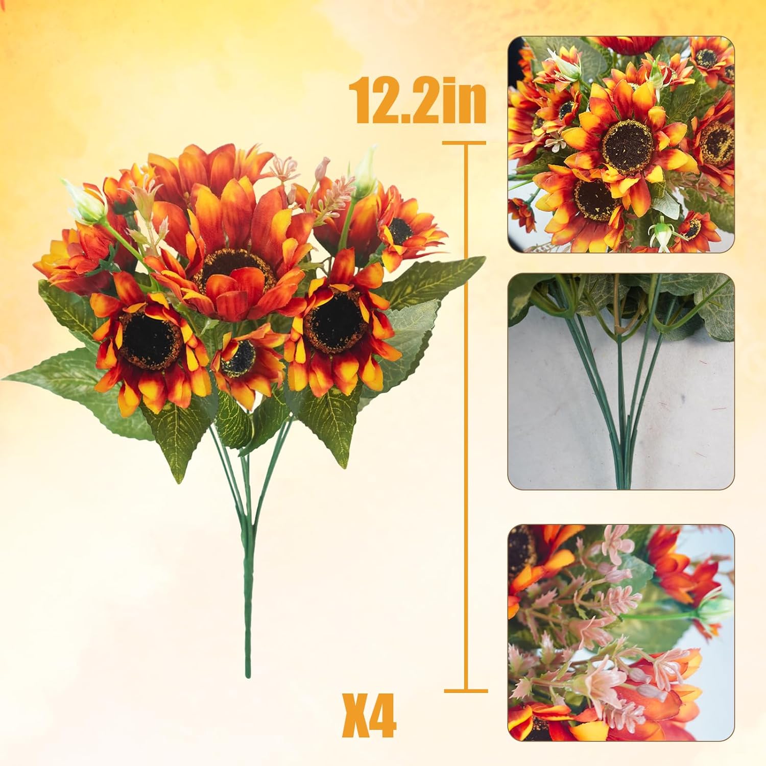 Fake Fall Flowers with Vase 12inch Artificial Fall Sunflowers with Metal Pot Faux Fall Silk Flowers Arrangements for Harvest Home Fall Table Centerpieces Wedding Indoor Fall Decor - Image 4