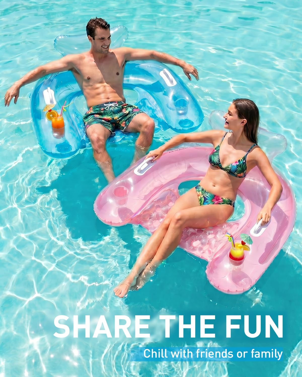 Condition photo showing New/Like New for hldirect inflatable pool floats adult, floating pool chair with cup holders for swimming pool, water chair pool lounger with handles & ergonomic headrest for party summer water fun transparent blue+pink