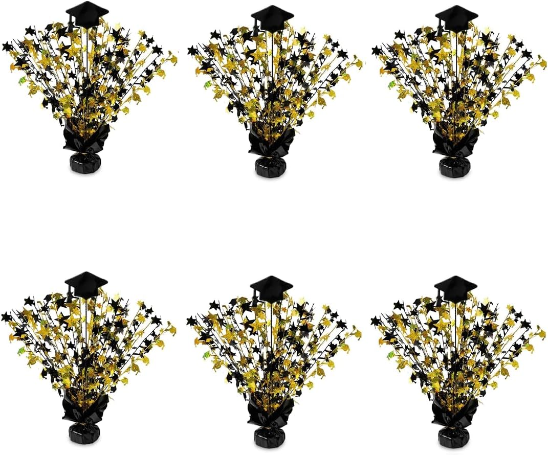 PMU 6 Pcs Graduation Balloon Weights, Black & Gold w/Black Base Graduation Centerpieces for Table, Grad Party Decorations 15in / 7.34cm