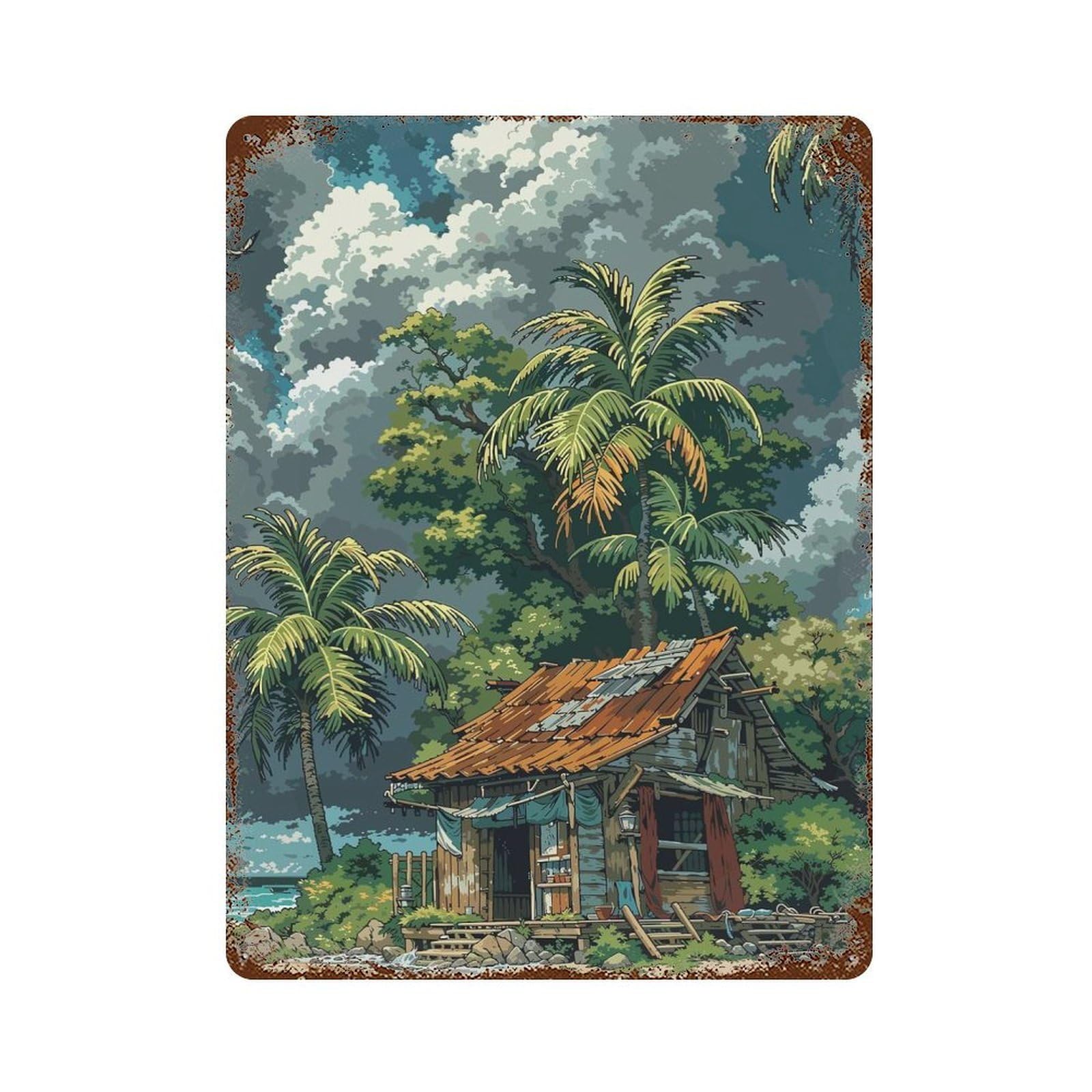Rustic Tin Plaque Tropical Hut by The Sea 15.7"x11.8", Retro Wall Decor for Shed, Workshop And Garage Wall Decor