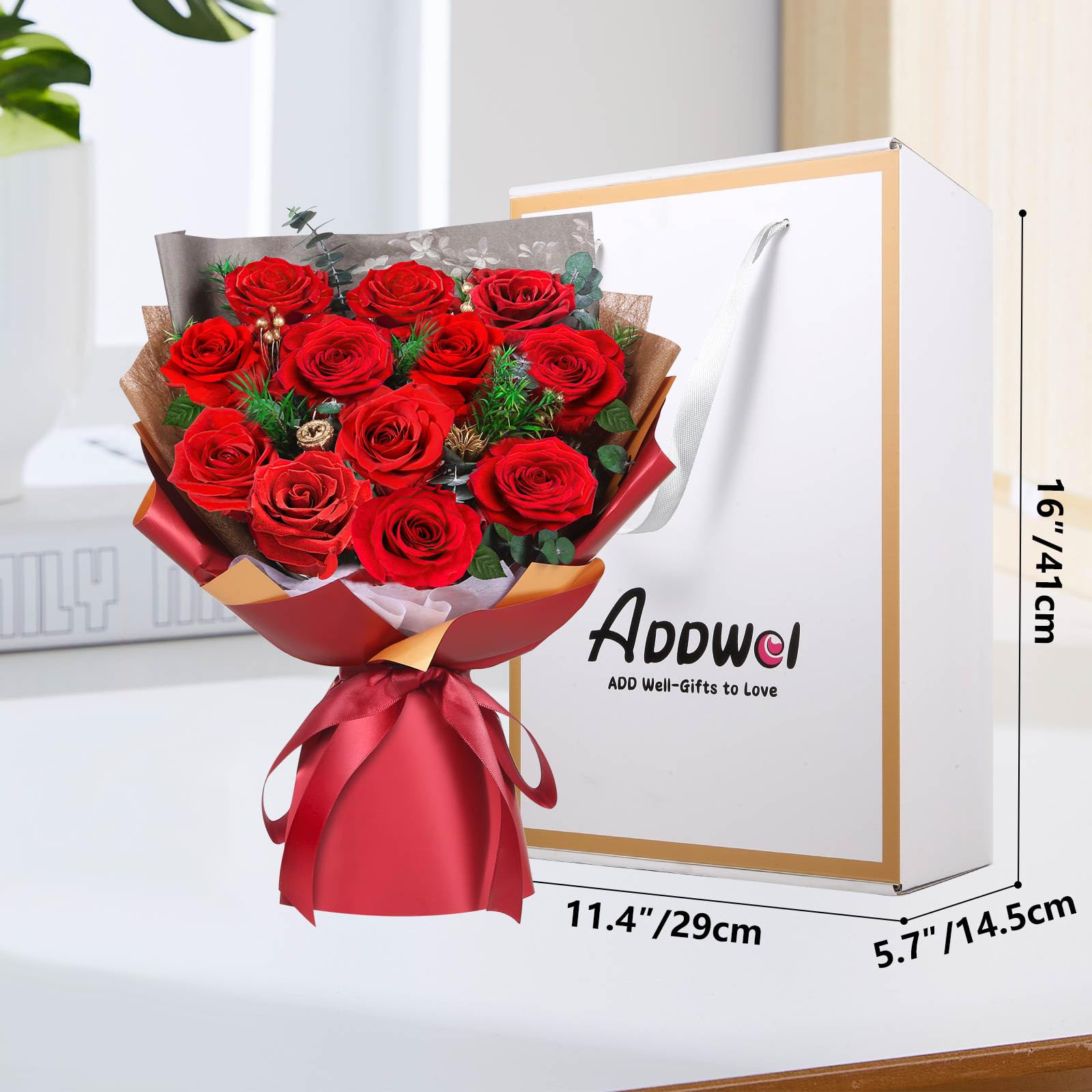 ADDWel Ewiger Rosenstrauß mit 12 echten konservierten roten Rosen, Infinity Rosen Blumenstrauß, Geschenke für Frauen, Geschenk für Freundin Mama Ehefrau zum Geburtstag, Jahrestag Weihnachten