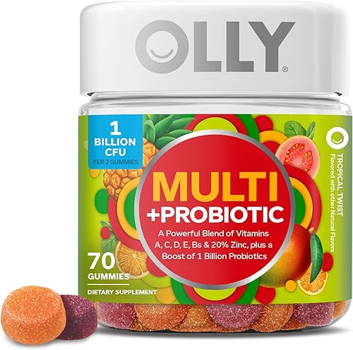 OLLY - Cápsula multivitamínica + probiótico para adultos, suministro de 35 días (70 gomas), torcedura tropical, 1 mil millones de UFC, suplemento