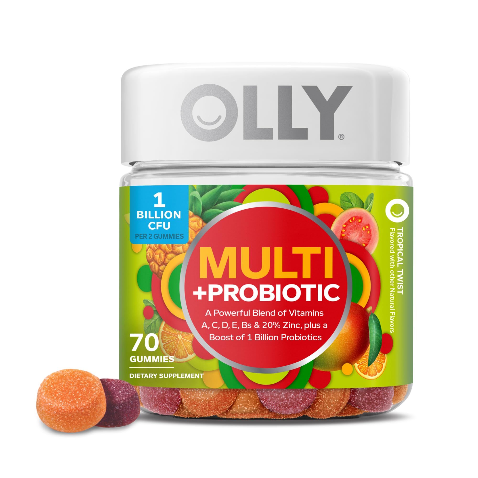 Multi + Probiotic Adult Multivitamin Gummy, 1 Billion CFUs, Digestive and Immune Support Chewable Supplement, Tropical Twist, 35 Day Supply - 70 Count