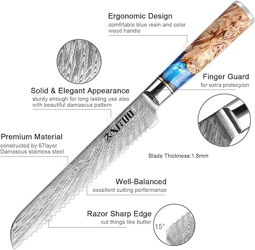 Miniatura 3 de XT XITUO Cuchillo de pan de acero de Damasco, 7.5 pulgadas, colección Tsunami, núcleo de acero japonés VG10 de 67 capas, mango único de resina azul,