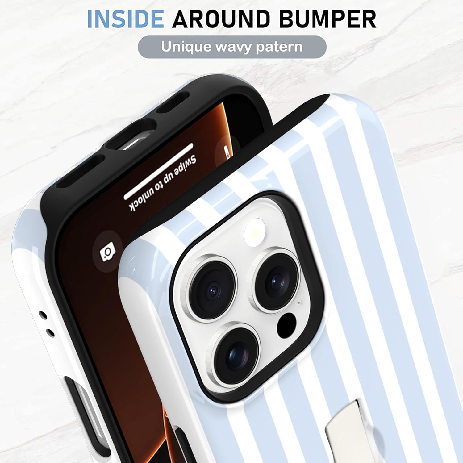 KANGHAR Compatible with iPhone 16 Pro Max Case, Stripes Cute Pattern, Finger Hold Wristband Kickstand Camera Protection Soft Slim Phone Case for Girls Women -Blue