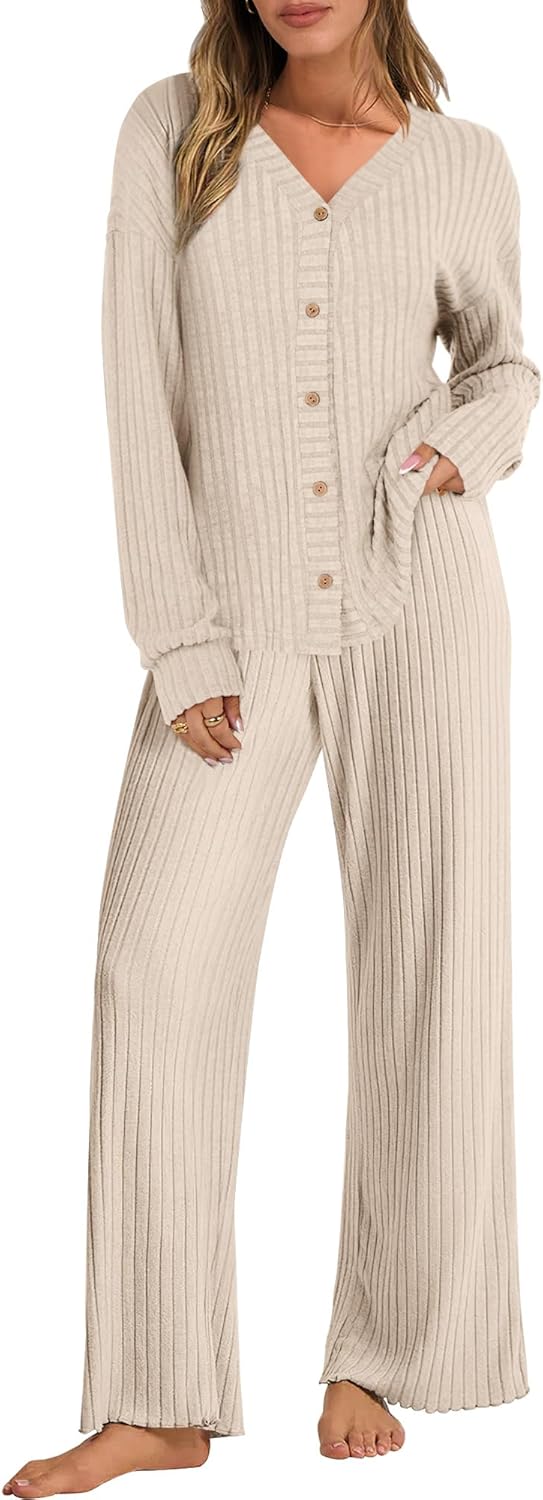 ANRABESS Women’s 2 Piece Lounge Pajama Sets Ribbed Long Sleeve Button Top Matching Pants Sleepwear PJ Set 2025 Fall Outfits ANRABESS Women’s 2 Piece Lounge Pajama Sets Ribbed Long Sleeve Button Top Matching Pants Sleepwear PJ Set 2025 Fall Outfits