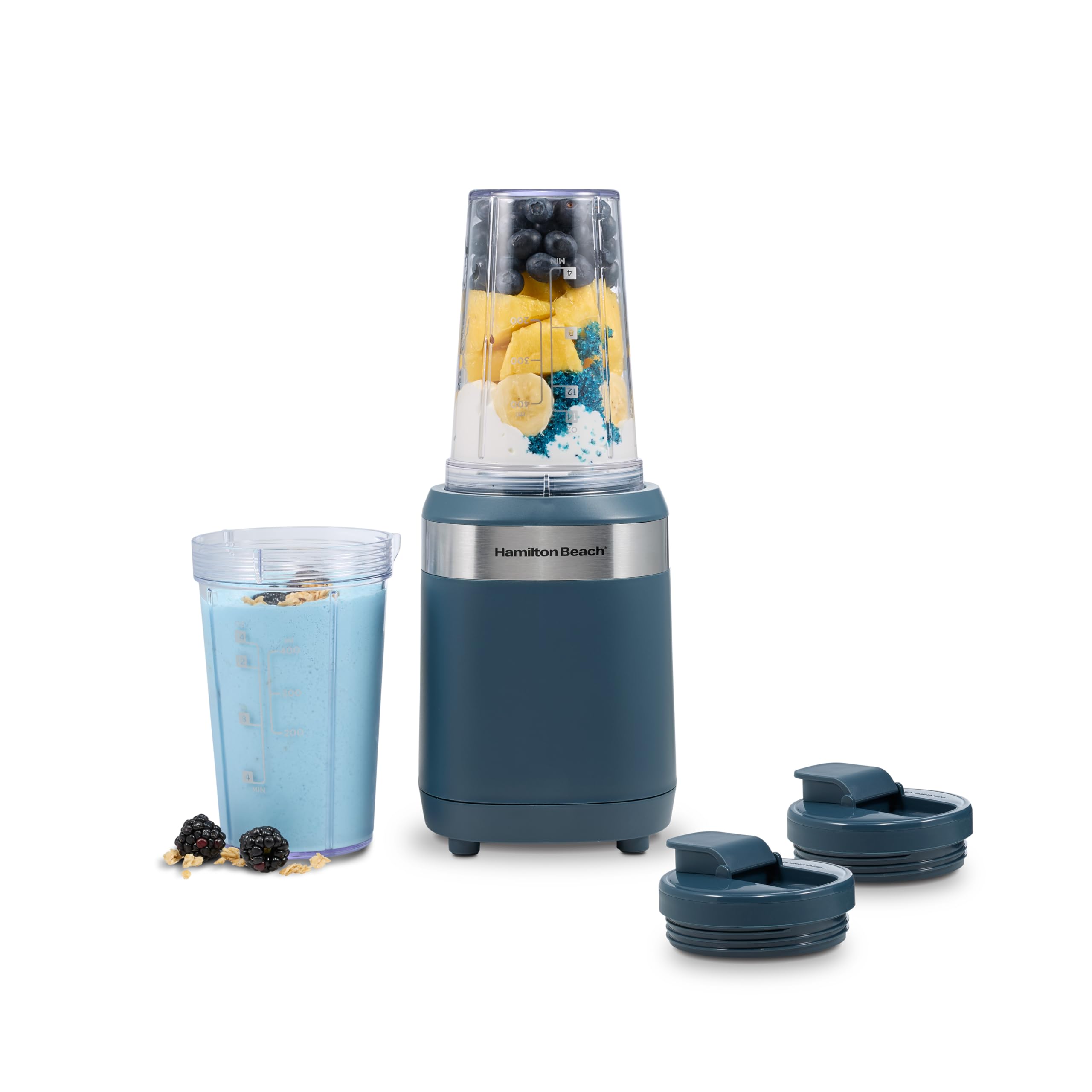 Hamilton Beach Personal Blender for Smoothies With 2 BPA-Free 14 oz. Travel Blender Jars and Lids, Powerful 400 Watt Motor, Stainless Steel Blades, Kitchen Makeover Blue (51202J)