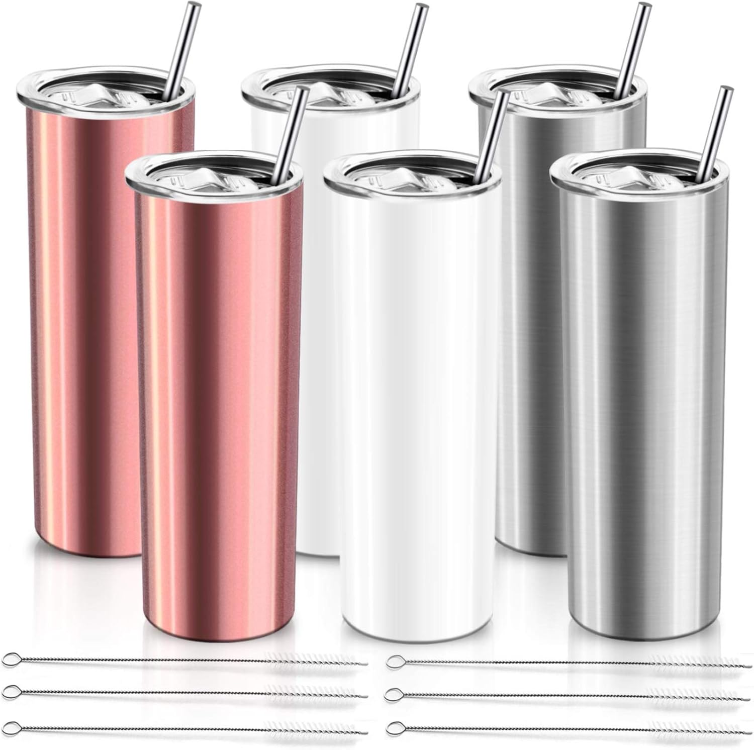 40% Off Discount XccMe 20 oz Skinny Stainless Steel Tumbler,Double Wall Slim Insulated Tumbler with Lid, Skinny Cups with Straw, for Travel Mug Gift, Coffee, Tea, Beverages (2White+2Silver+2Rose Gold)