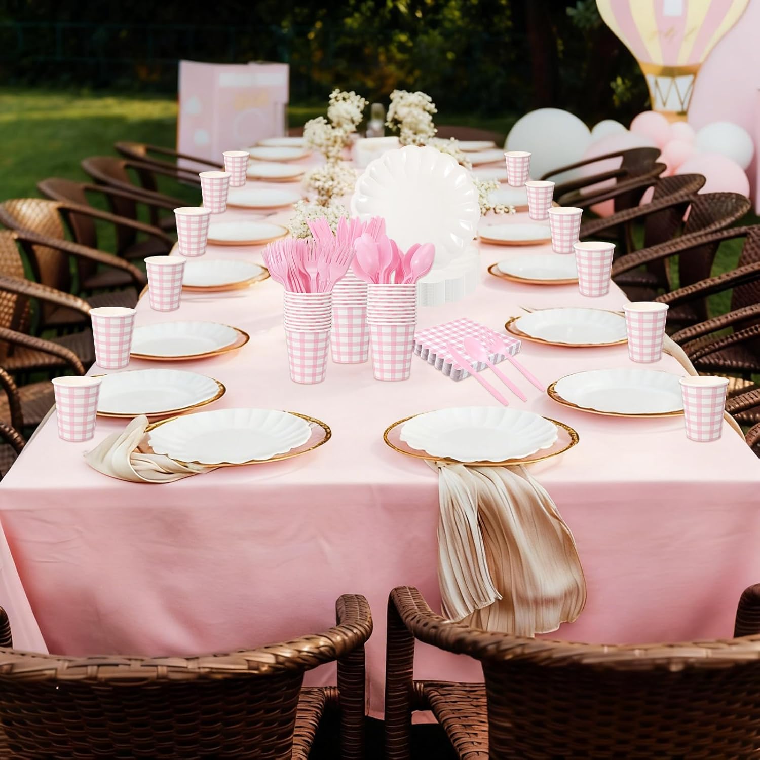 175 Pcs Cream Scalloped Paper Plates Pink Gingham Napkins and Cups Sets for 25 Guest Disposable Napkins Cups Plastic Spoons Forks Knives for One Silly Goose Birthday Baby Shower Party Decor
