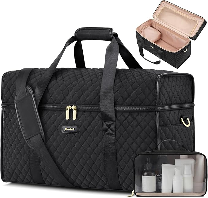 Weekender Travel Duffle Bag for Women: Overnight Bags with Shoe Compartment Carry on Bags for Airplanes with Toiletry Bag Weekend Yoga Gym Bag with Wet Pocket Travel Duffel Tote Bag Hospital Bag Black