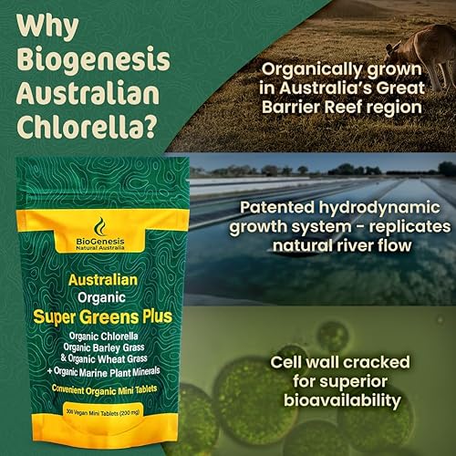 Miniatura 5 de Biogenesis SuperGreens Plus Tabletas  300 unidades (200 mg)  Sin sabor  Clorella orgánica, pasto de trigo y hierba de cebada  Cultivado en Australia