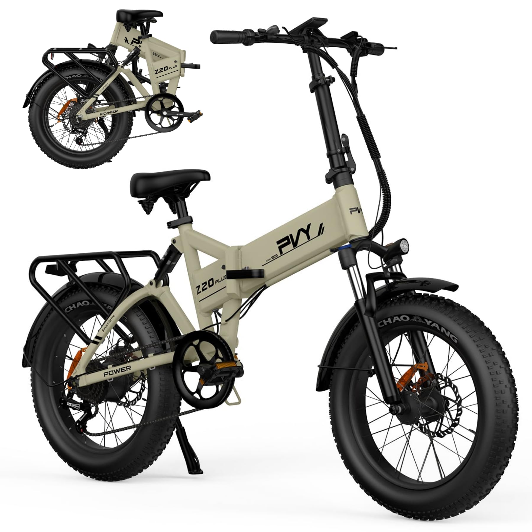 VTT Électrique Adulte - Fat Bike 20x4.0 Pneus Larges - Moteur 100 Nm, Autonomie 120 km, Batterie Amovible - Freins à Disque Hydrauliques, Phare 1200 Lumens - Suspension Intégrale, 7 Vitesses (Beige)