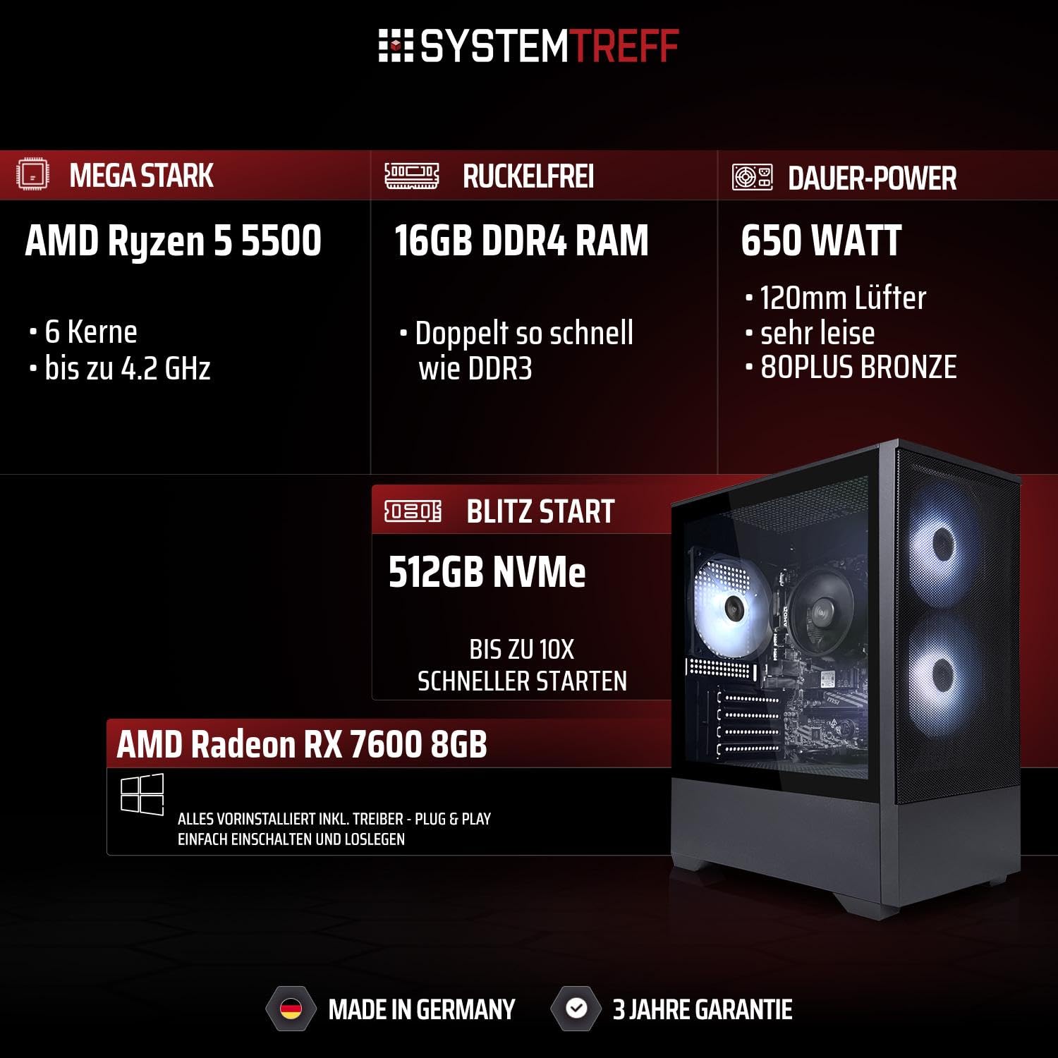 SYSTEMTREFF Office PC - AMD Ryzen 5 5500 - RX 7600 8GB | AMD 6-Kern CPU bis 4.2 GHz, 16GB DDR4, 512GB M.2 NVMe SSD, AMD Grafik WLAN, Windows 11, für Büro, Business