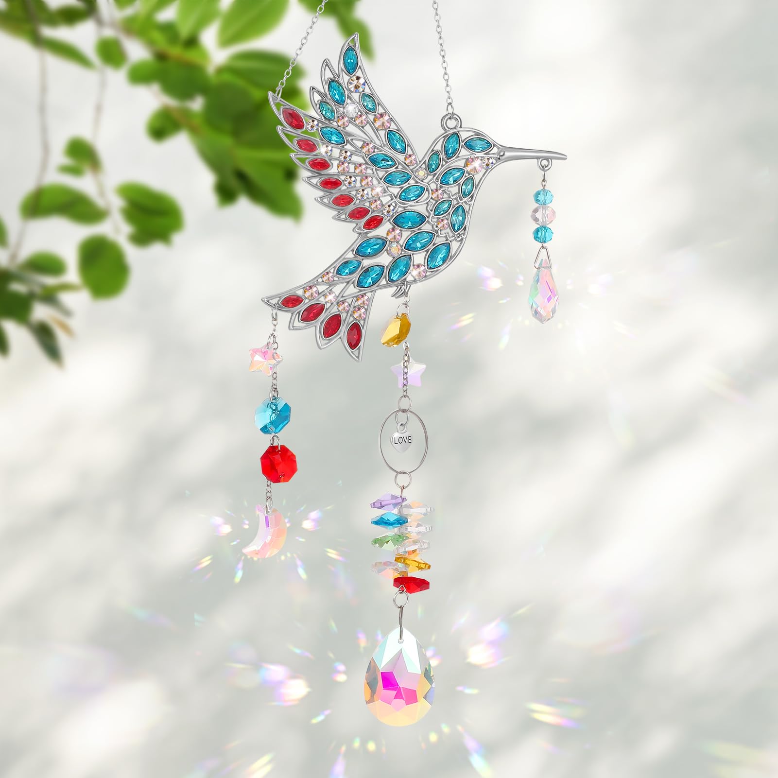 Hummingbird Gifts for Mom Grandma, Crystal Sun Catcher Hanging Indoor Window, Mothers Day Birthday Valentines Day Gifts for Women Bird Lovers, Love Pendant Home Decorations Garden Outdoor (Silver)-image-43