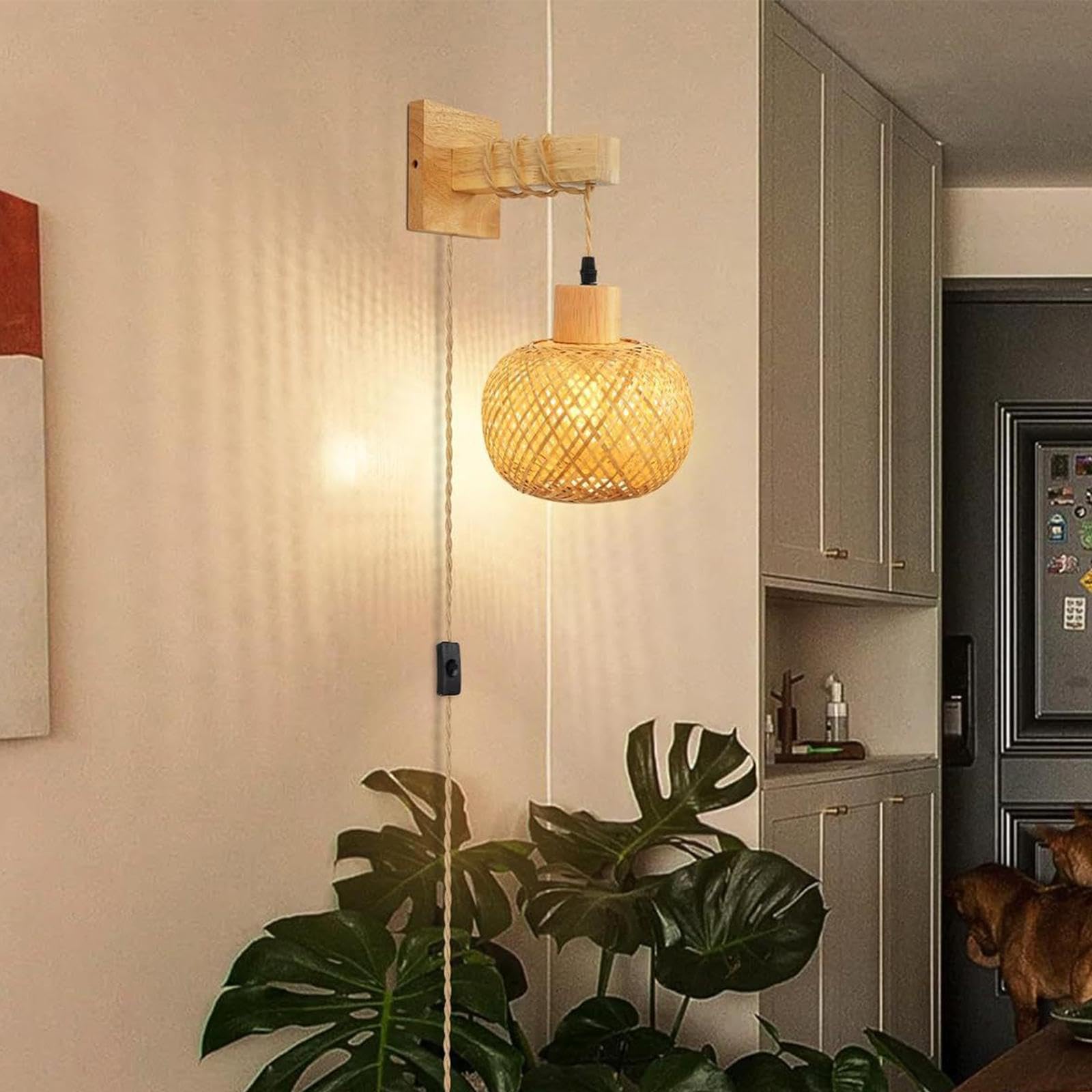 Lámpara de Pared de Bambú, Aplique de Pared, Lámpara Colgante, Tejida a Mano, Portalámparas, Diseño Artesanal para Baño, Comedor, Pasillo,