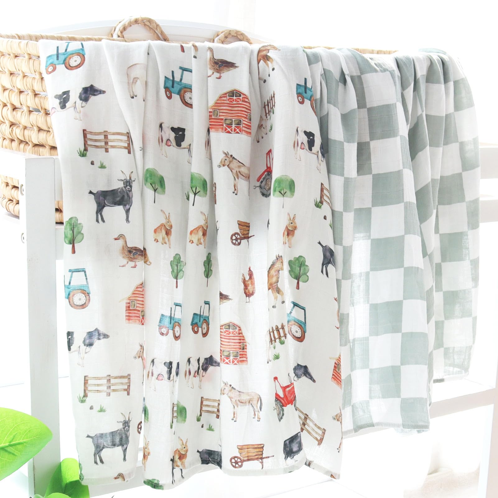 LifeTree Manta de muselina neutral, animales de granja, manta de recepción para niños y niñas, suave 70% viscosa de bambú y 30% algodón, grande, 47 x 47 pulgadas