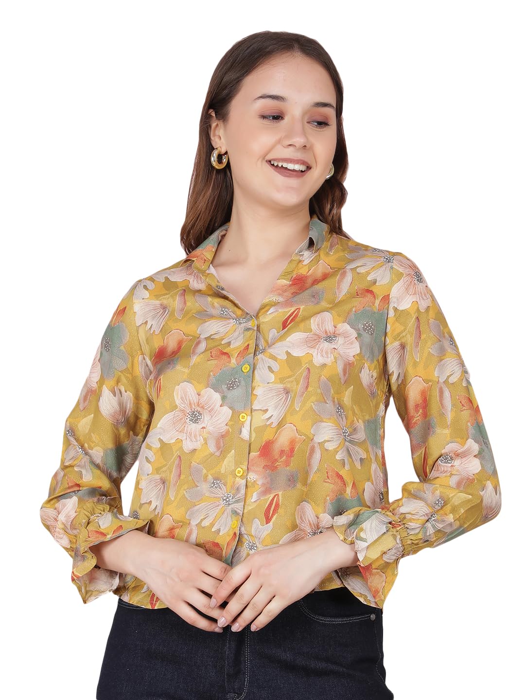 Women's Mustard Floral Print Shirt-image-40