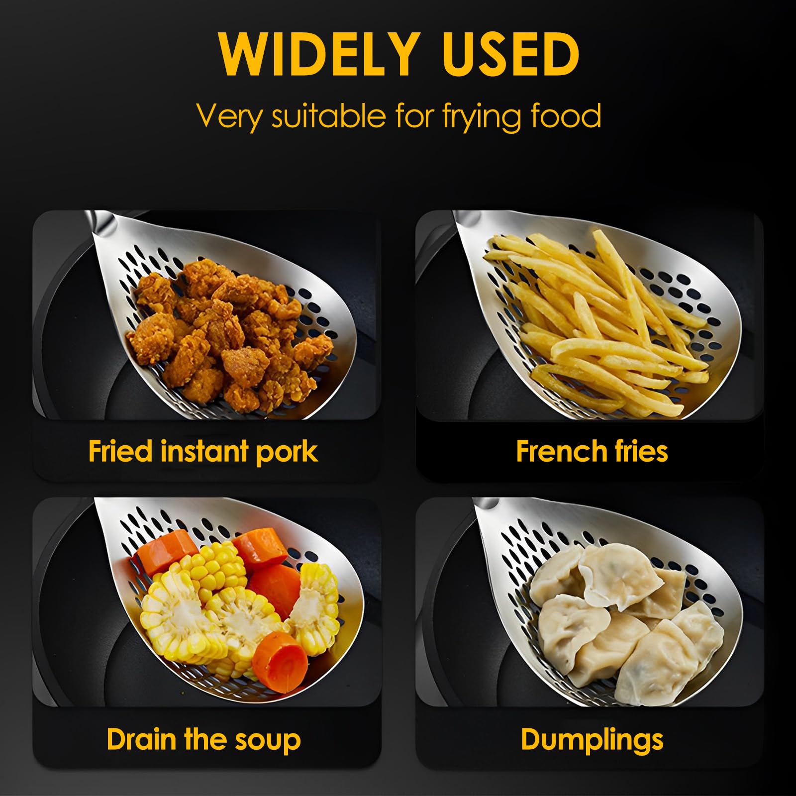 PTMTFYL Skimmer Slotted Spoon, 15 inch 304 Stainless Steel Cooking Colander, Skimmer Ladle, Pasta Strainer Spoon with Long Handle and Hanging Holes for Kitchen Cooking Frying Draining