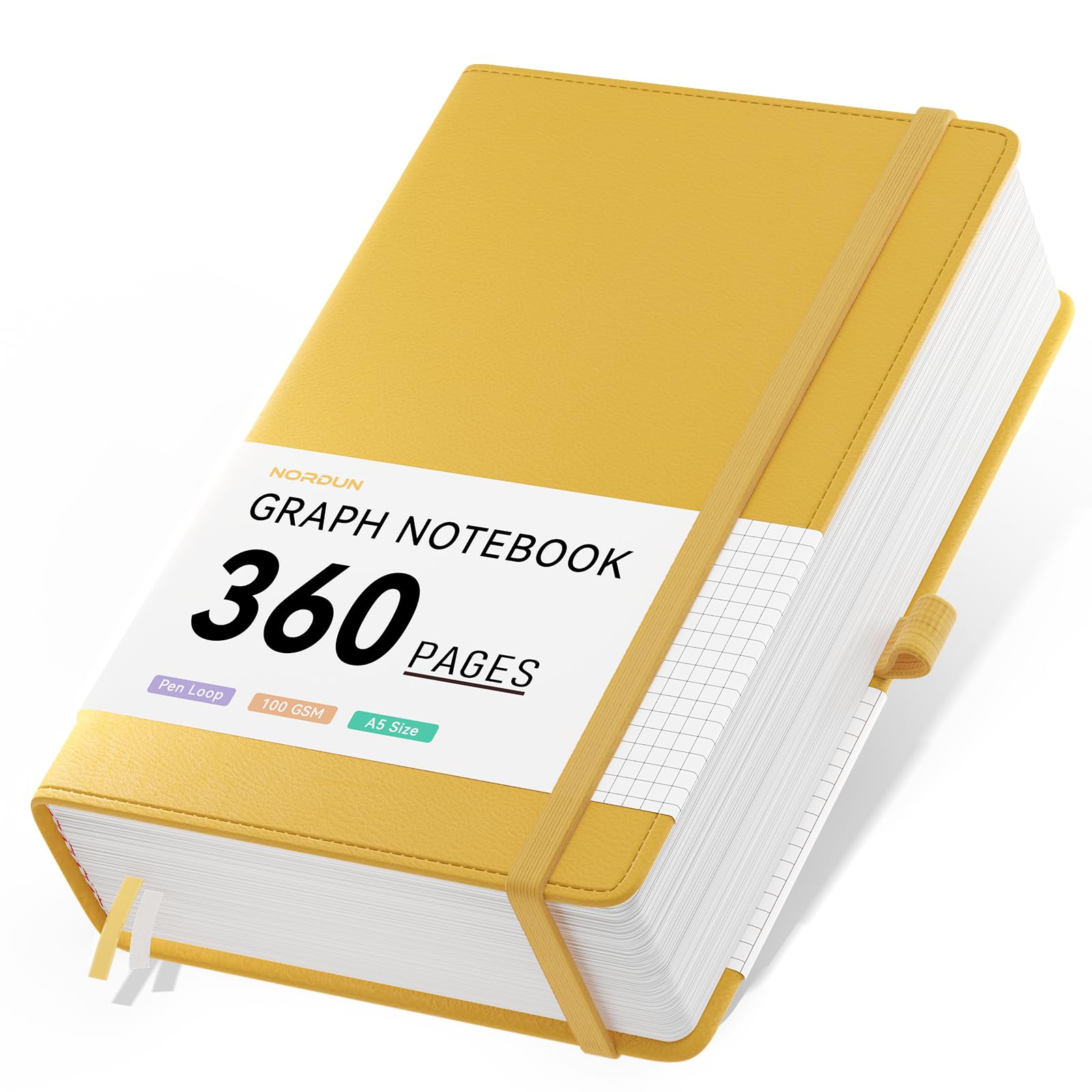 NORDUN Notebook A5 Graph Journal,Hardcover Leather Journal with 360 Pages 100gsm Thick Paper, Index Tabs, Thick Squared Notebook for Women Men Writing Work School Office,14.5 x 21cm - Yellow