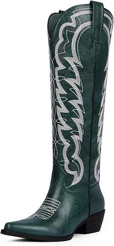 Modatope Cowboy Boots for Women Knee High Chunky Heel Butterfly Cowgirl Boots Wide Calf Pointed Toe Chunky Heel Fashion Western Boot