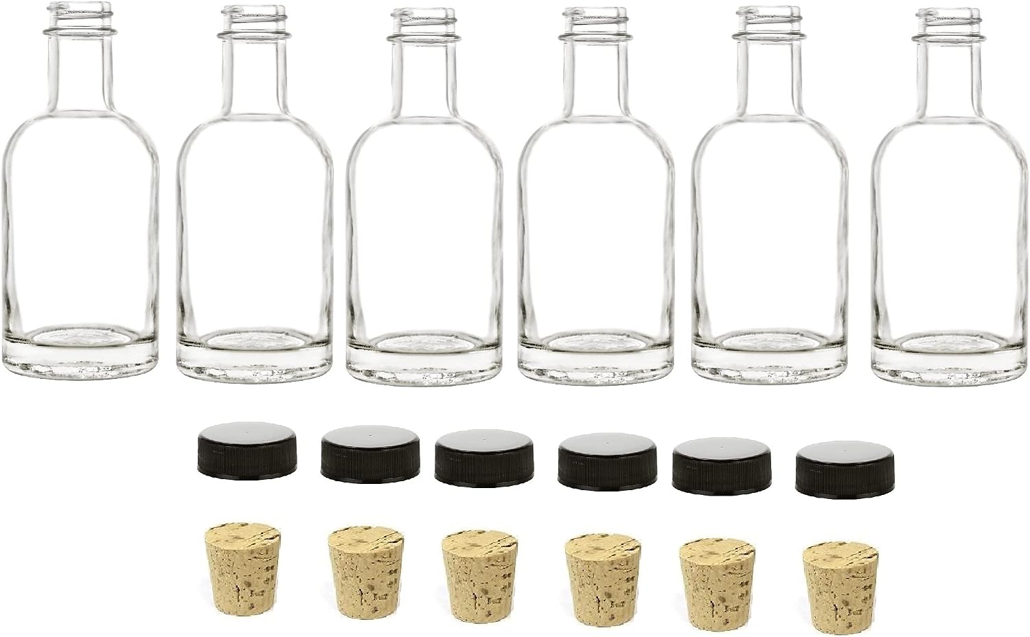 Nakpunar 6 pcs 6.75 oz Glass Nordic Bottles with Cork and Black Plastic Lids - Made in USA